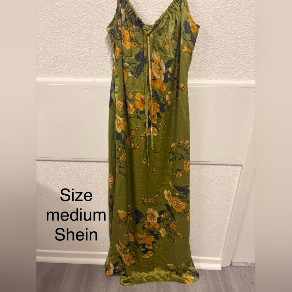 SHEIN Satin Olive Floral Maxi Dress